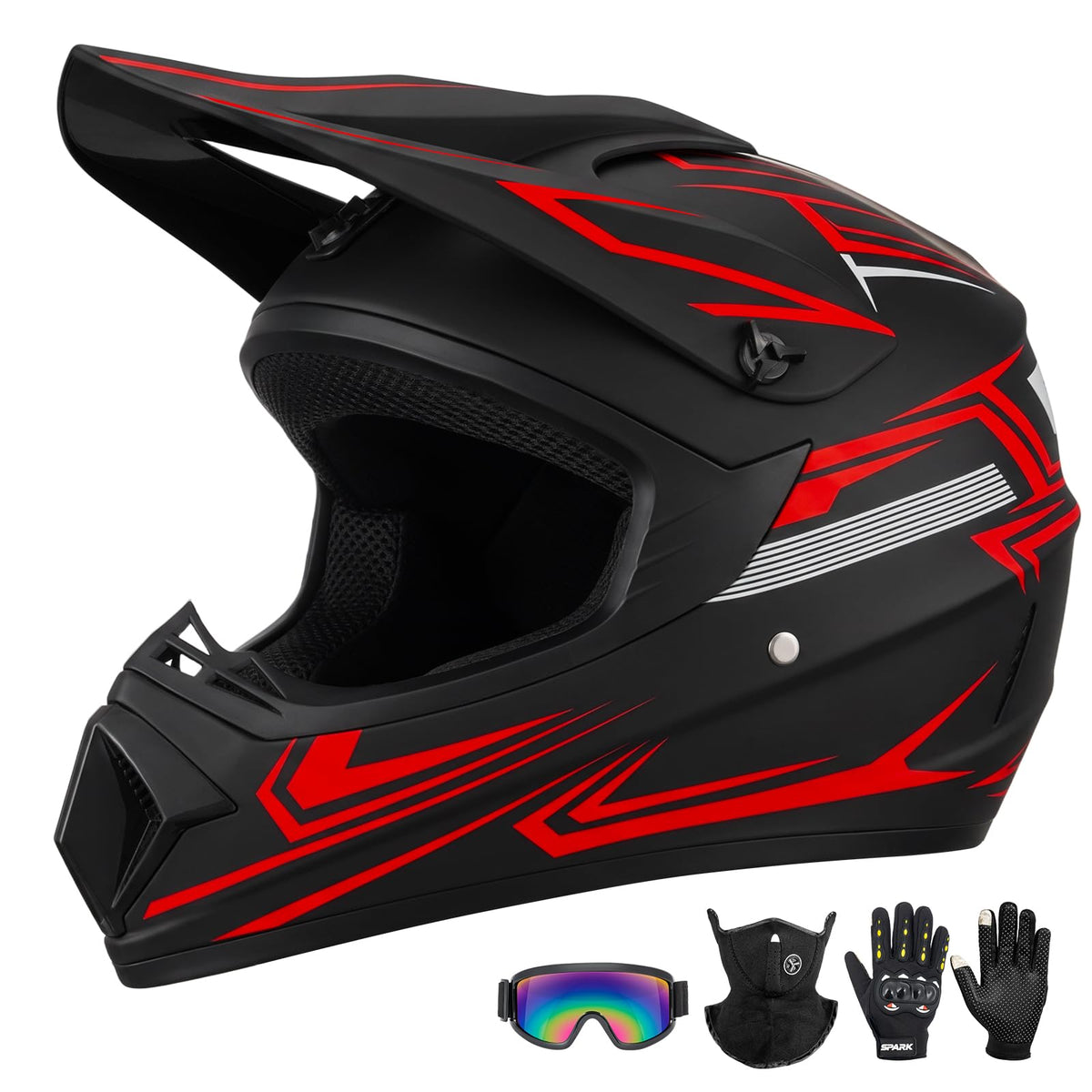 Youth Kids Full Face Motocross Helmet 4PCS Set DOT Approved Red XL D5656