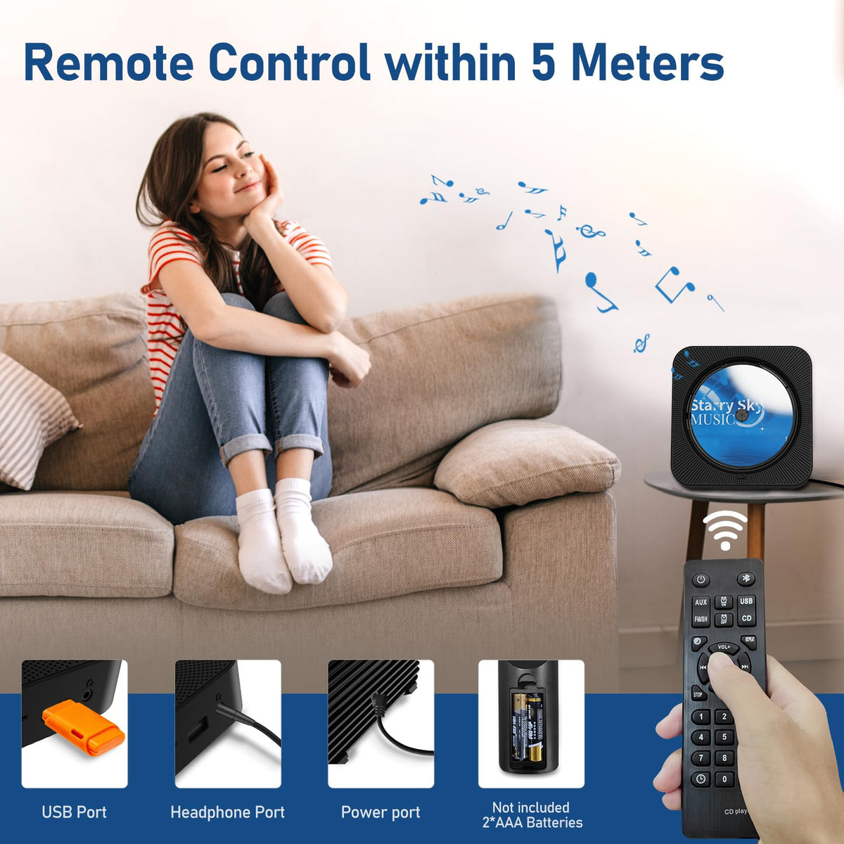 Portable Bluetooth CD Player with Speakers, Remote Control, LED Display, FM Radio, USB/AUX (Black) X697795