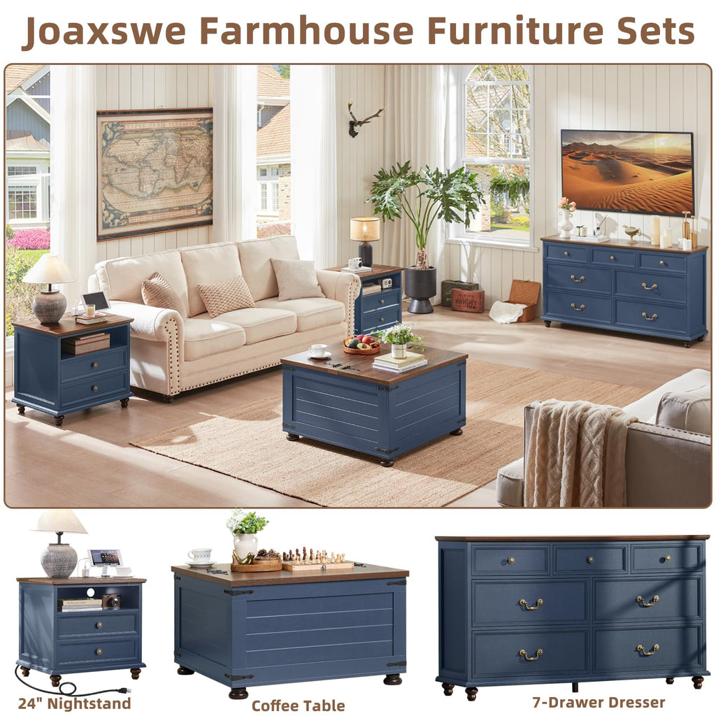 Blue 2 Drawer Nightstand Set of 2 with Charging Station F995109