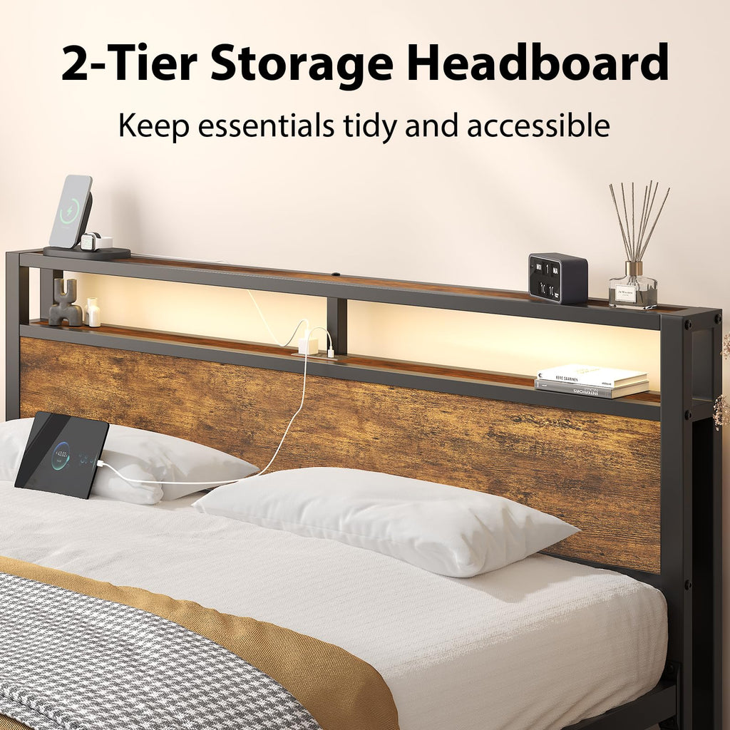 King Size Bed Frame with Storage Headboard ＆ LED Light Q832732