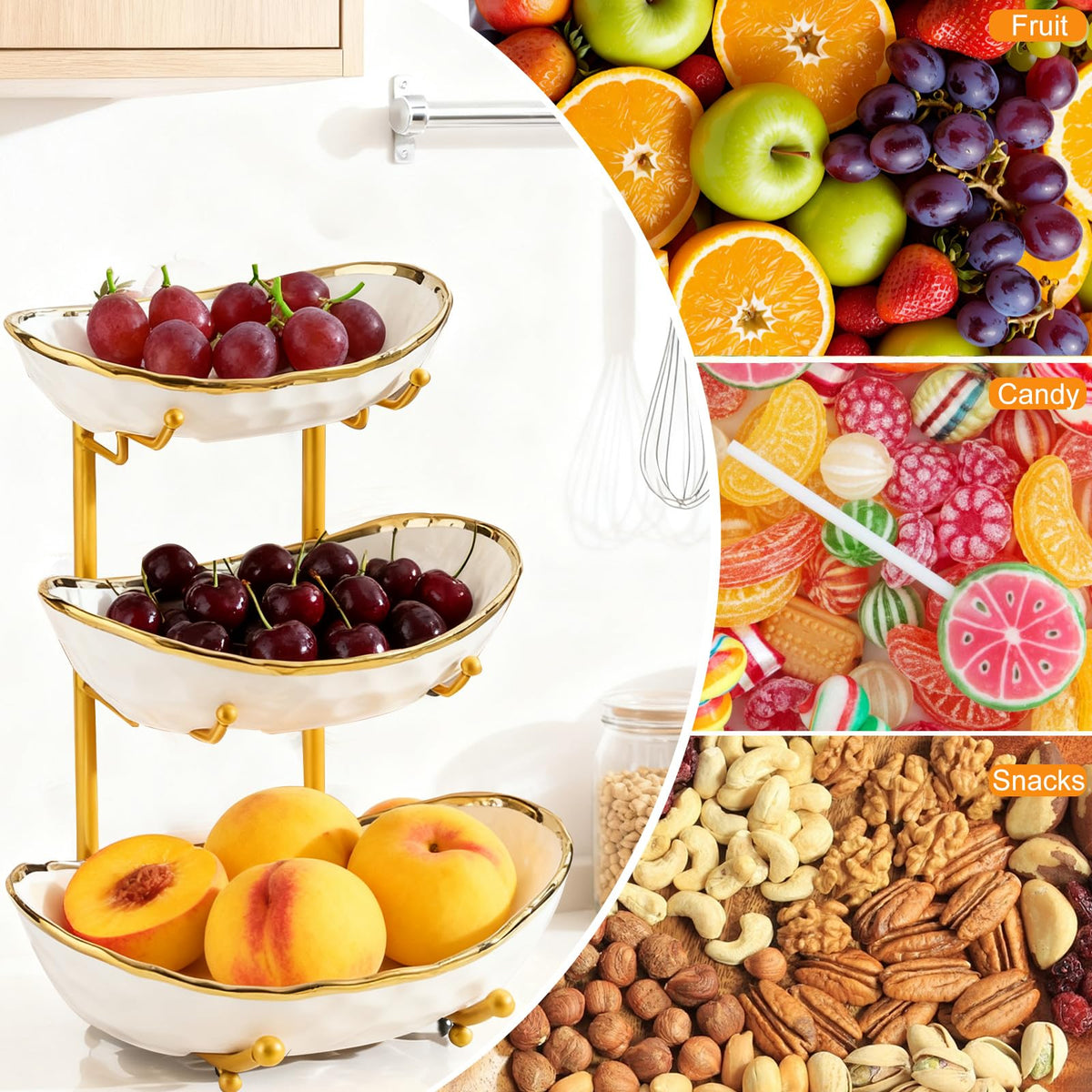 3 Tier Ceramic Fruit Bowl with Gold Metal Stand T3757