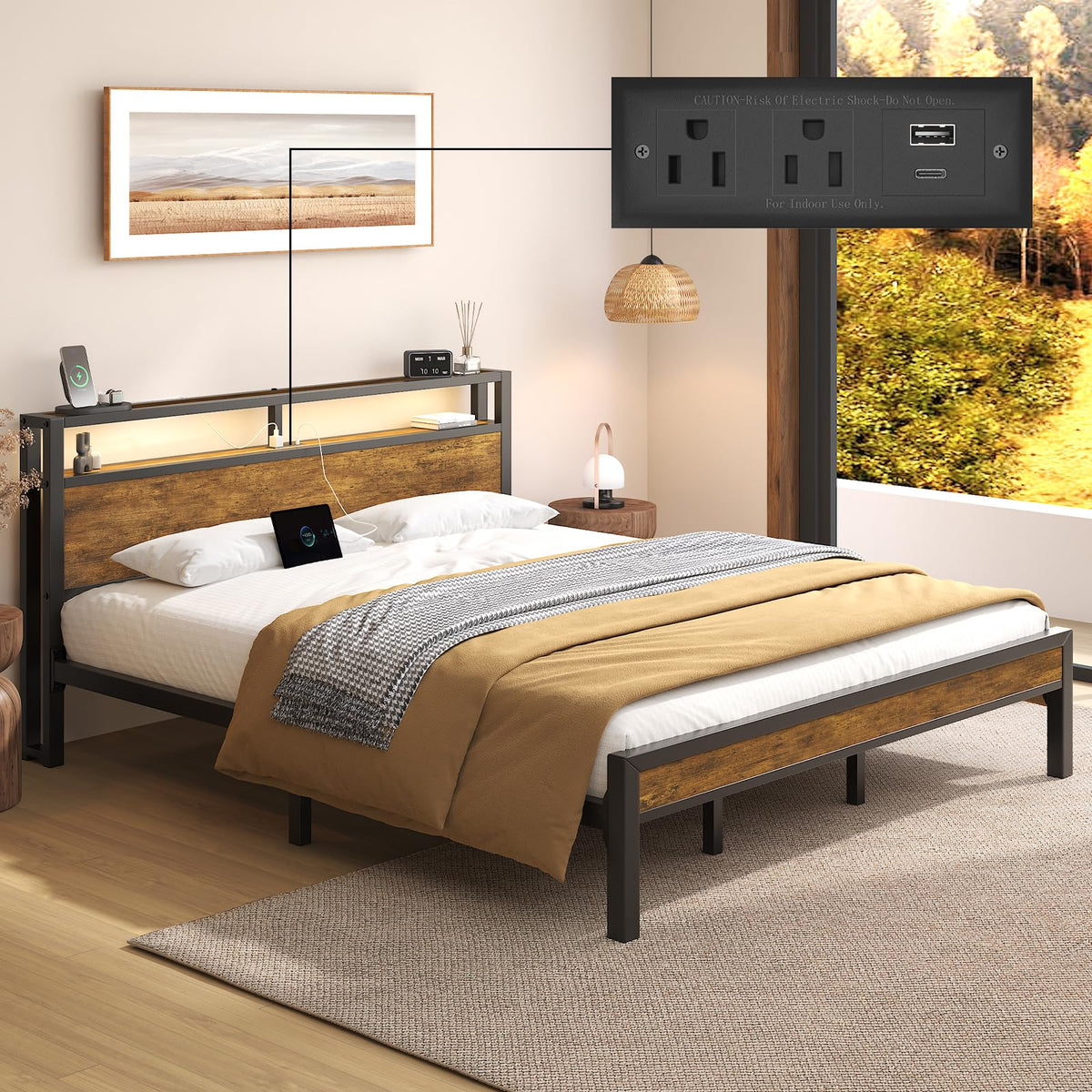 King Size Bed Frame with Storage Headboard ＆ LED Light Q832732