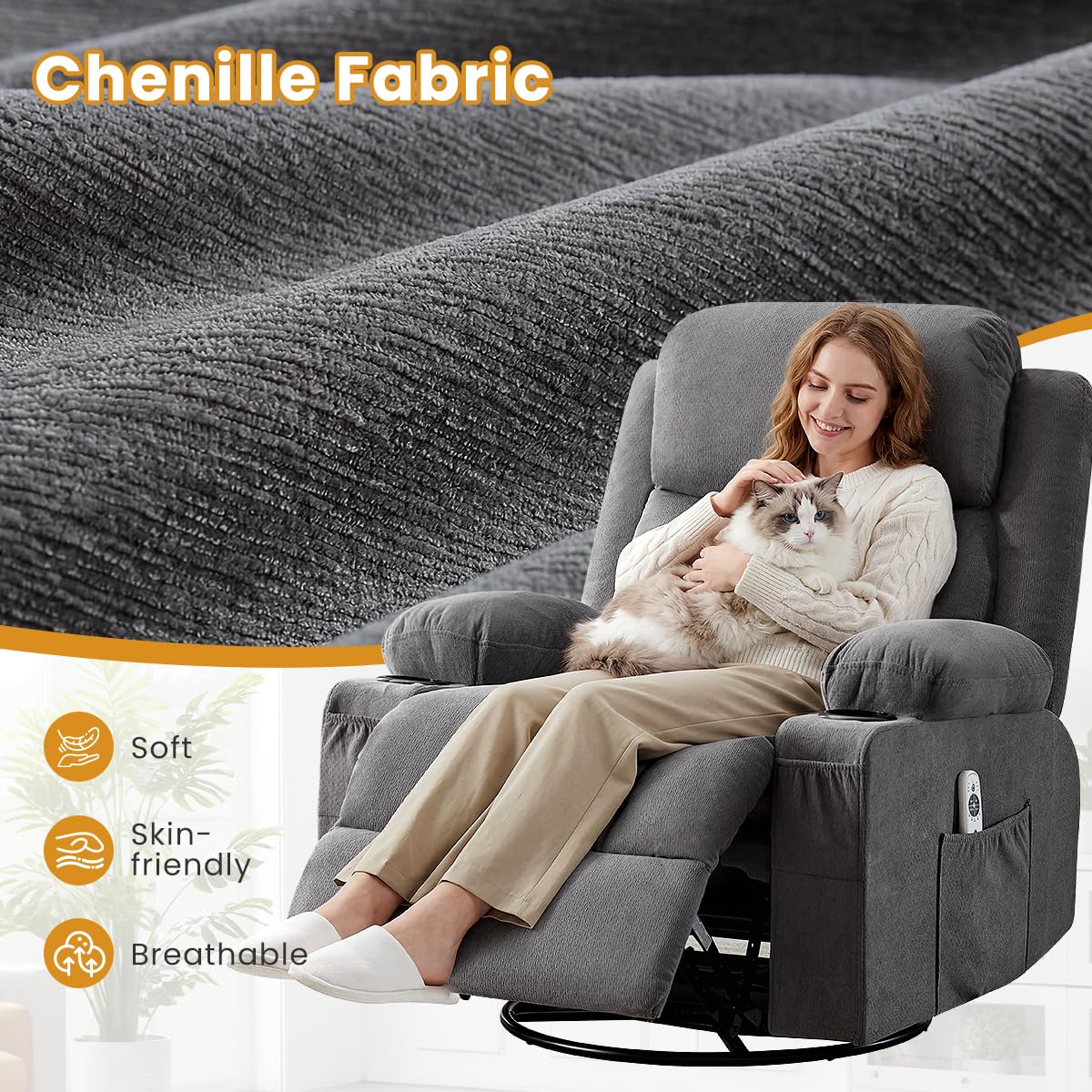 Swivel Rocker Recliner Chair with Vibration Massage & Lumbar Heating A924106
