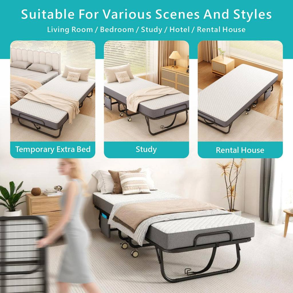 Folding Bed with Mattress, 75" x 31" Portable Rollaway Bed, Metal Frame Guest Bed with Memory Foam Mattress P920893