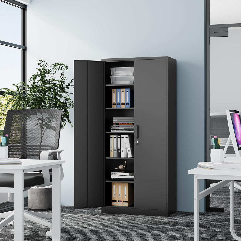 71” Tall Black Steel Storage Cabinet with Lockable Doors and Adjustable Shelves I666447