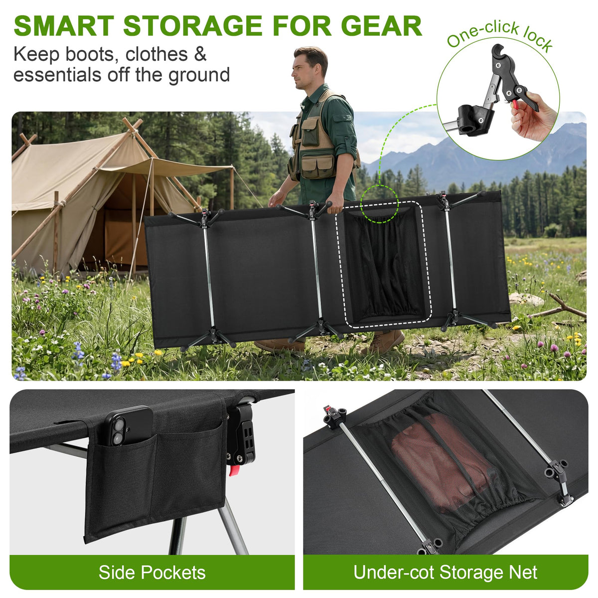 Height Adjustable Black Camping Cot S137070