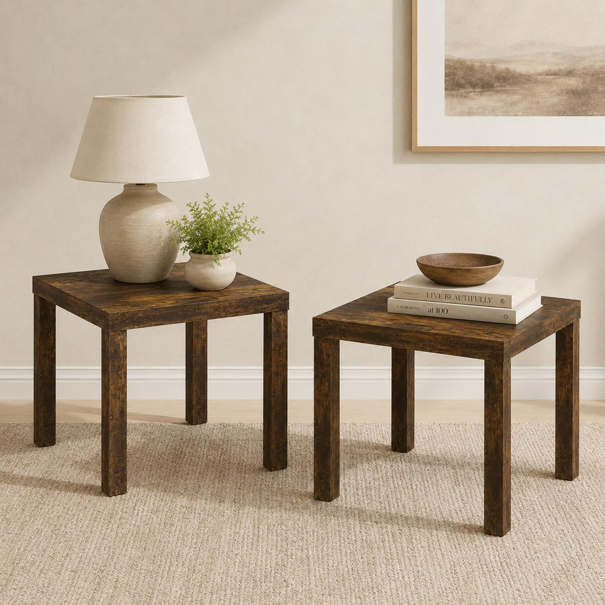 Rustic Brown Square Side Table Set of 2 W602