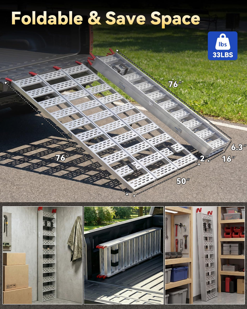 Tri-Fold Aluminum Loading Ramp, 1500 lbs Capacity, 76''L × 50''W N813