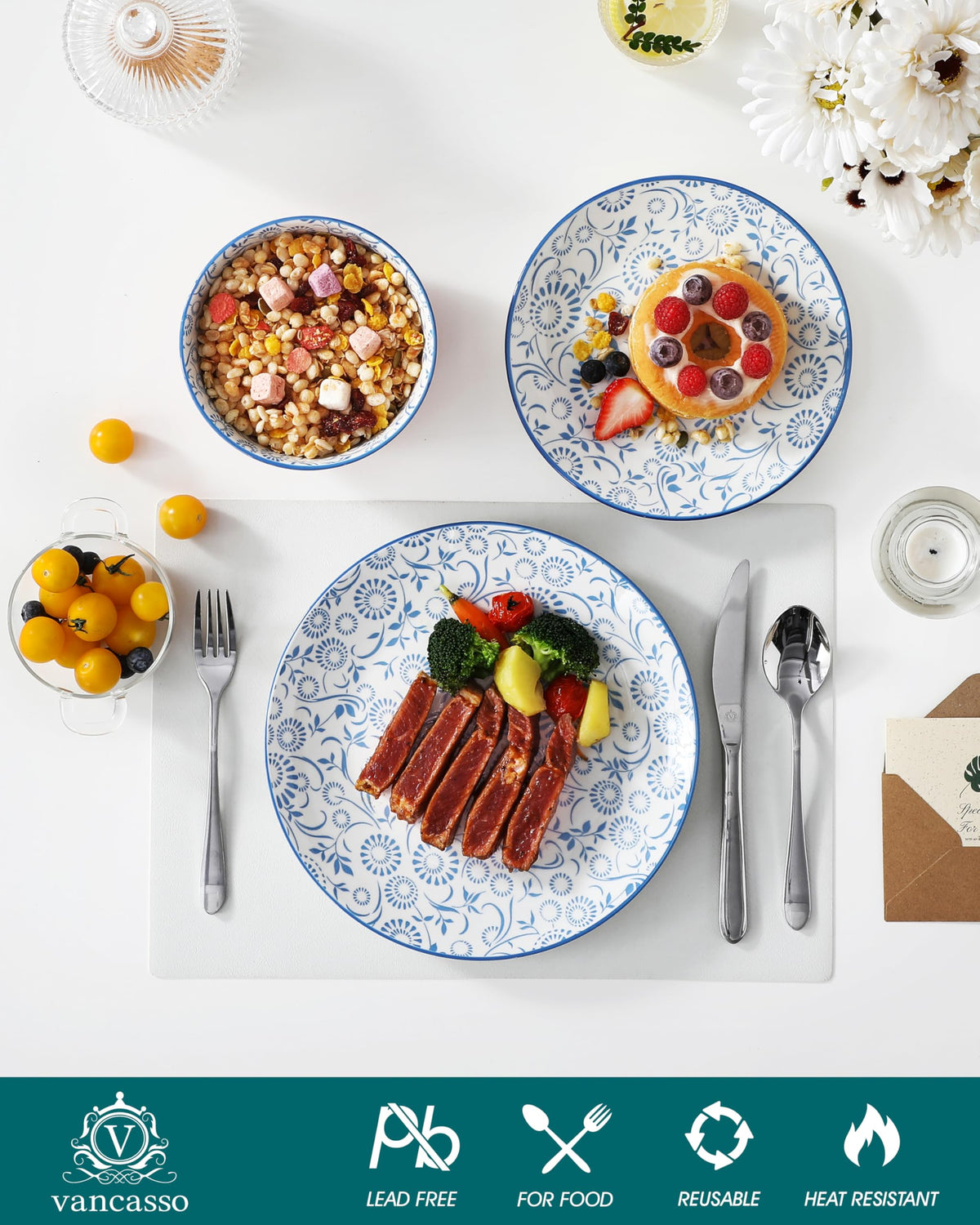 Plates and Bowls Set for 4, 12 Pieces Porcelain Dinnerware B3768