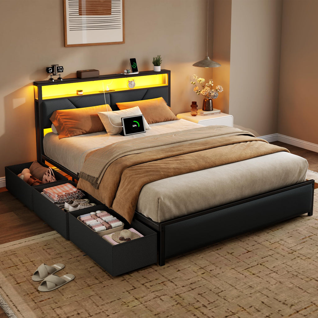 Full Size PU Leather Upholstered Platform Bed Frame with Headboard and 6 Storage Drawers K958