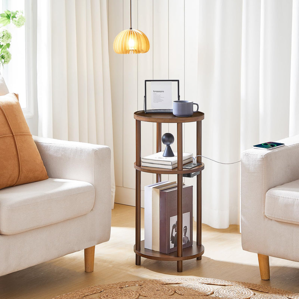 Set of 2 Round Bamboo Side Tables with Charging Station O511