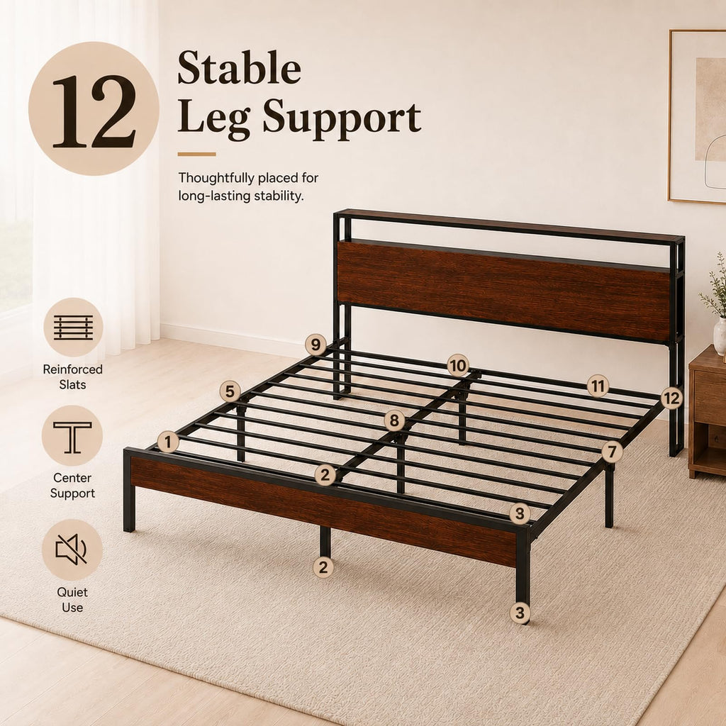 Full Size Metal Platform Bed Frame with Wood Headboard and Footboard Y94538