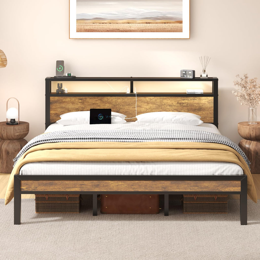 King Size Bed Frame with Storage Headboard ＆ LED Light Q832732
