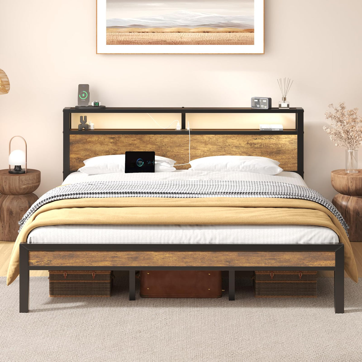 King Size Bed Frame with Storage Headboard ＆ LED Light Q832732