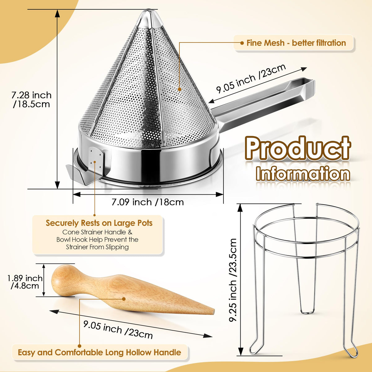 Stainless Steel Chinois Strainer with Stand and Wooden Pestle Q2250