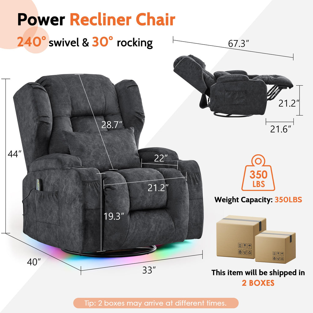 Velvet Gray Power Swivel Rocker Recliner Chair with Massage & Heat O520086