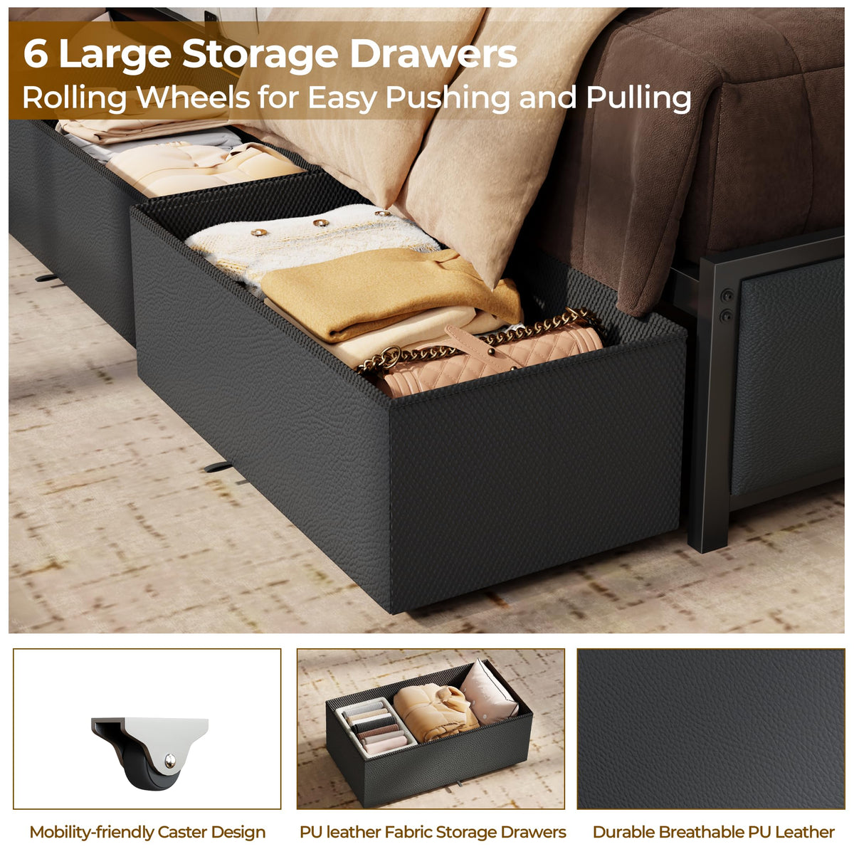 Full Size PU Leather Upholstered Platform Bed Frame with Headboard and 6 Storage Drawers K958