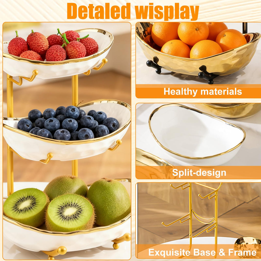 3 Tier Ceramic Fruit Bowl with Gold Metal Stand T3757