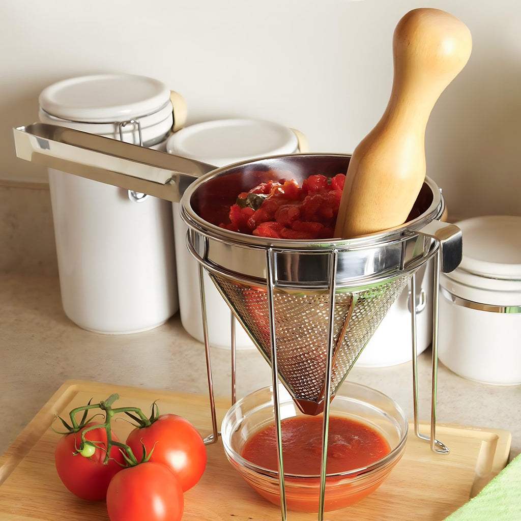 Stainless Steel Chinois Strainer with Stand and Wooden Pestle Q2250