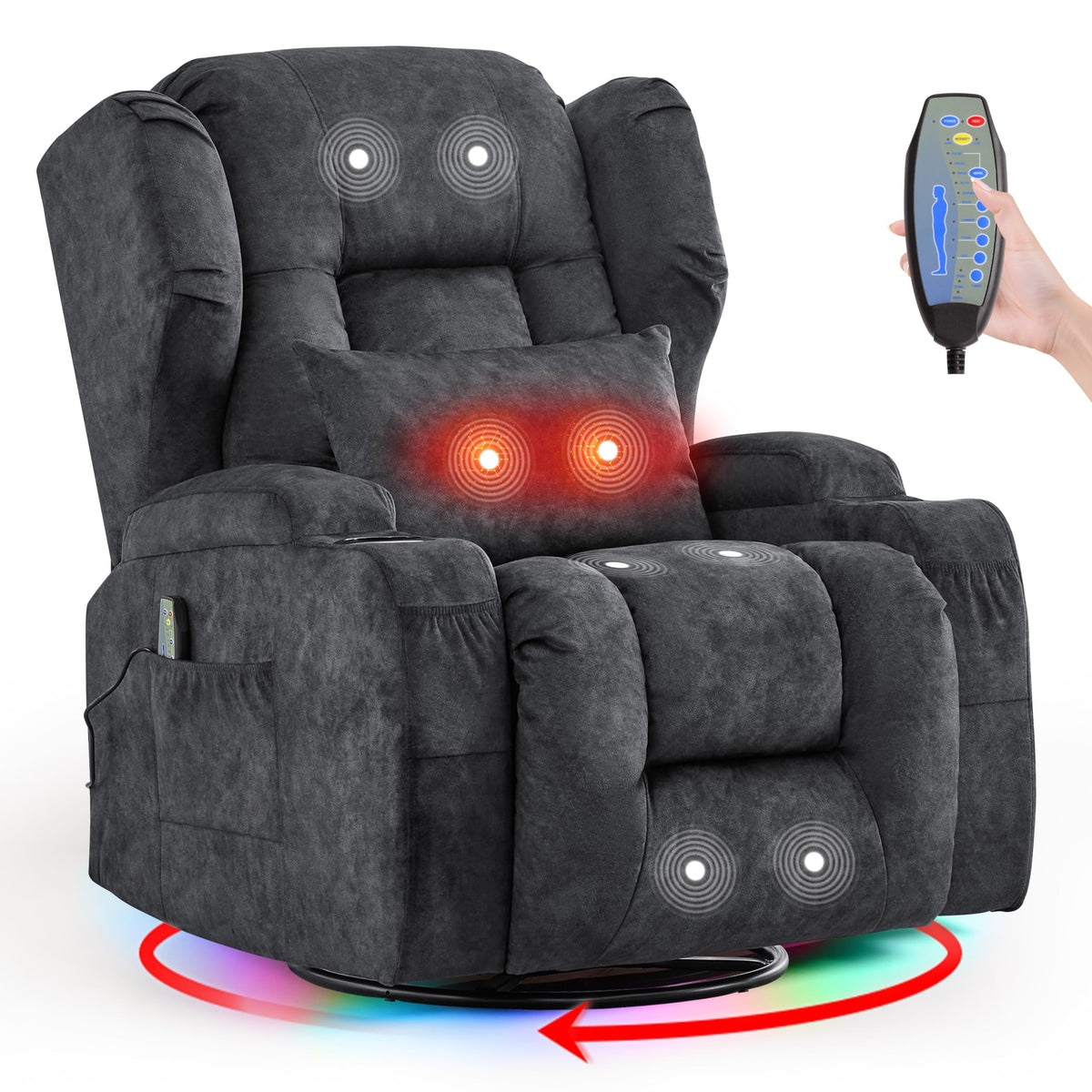 Velvet Gray Power Swivel Rocker Recliner Chair with Massage & Heat O520086
