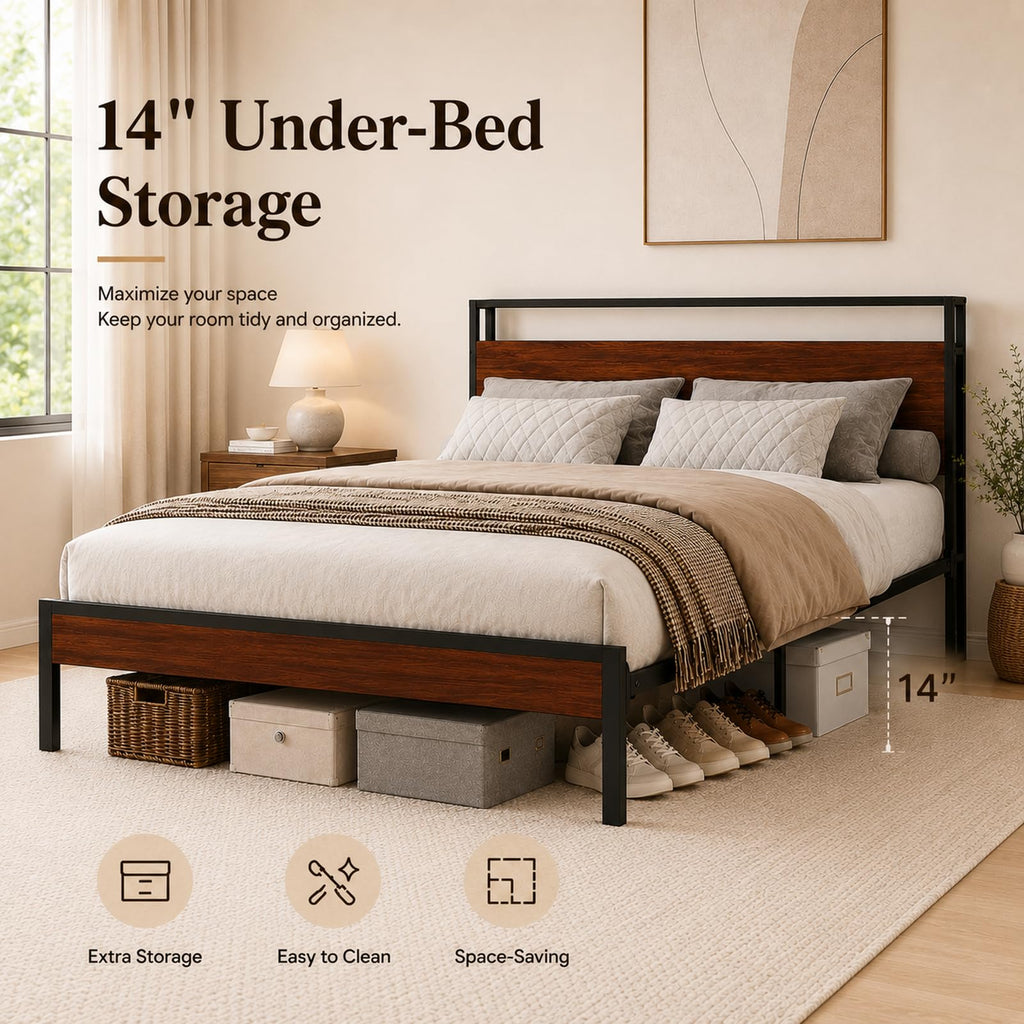 Full Size Metal Platform Bed Frame with Wood Headboard and Footboard Y94538