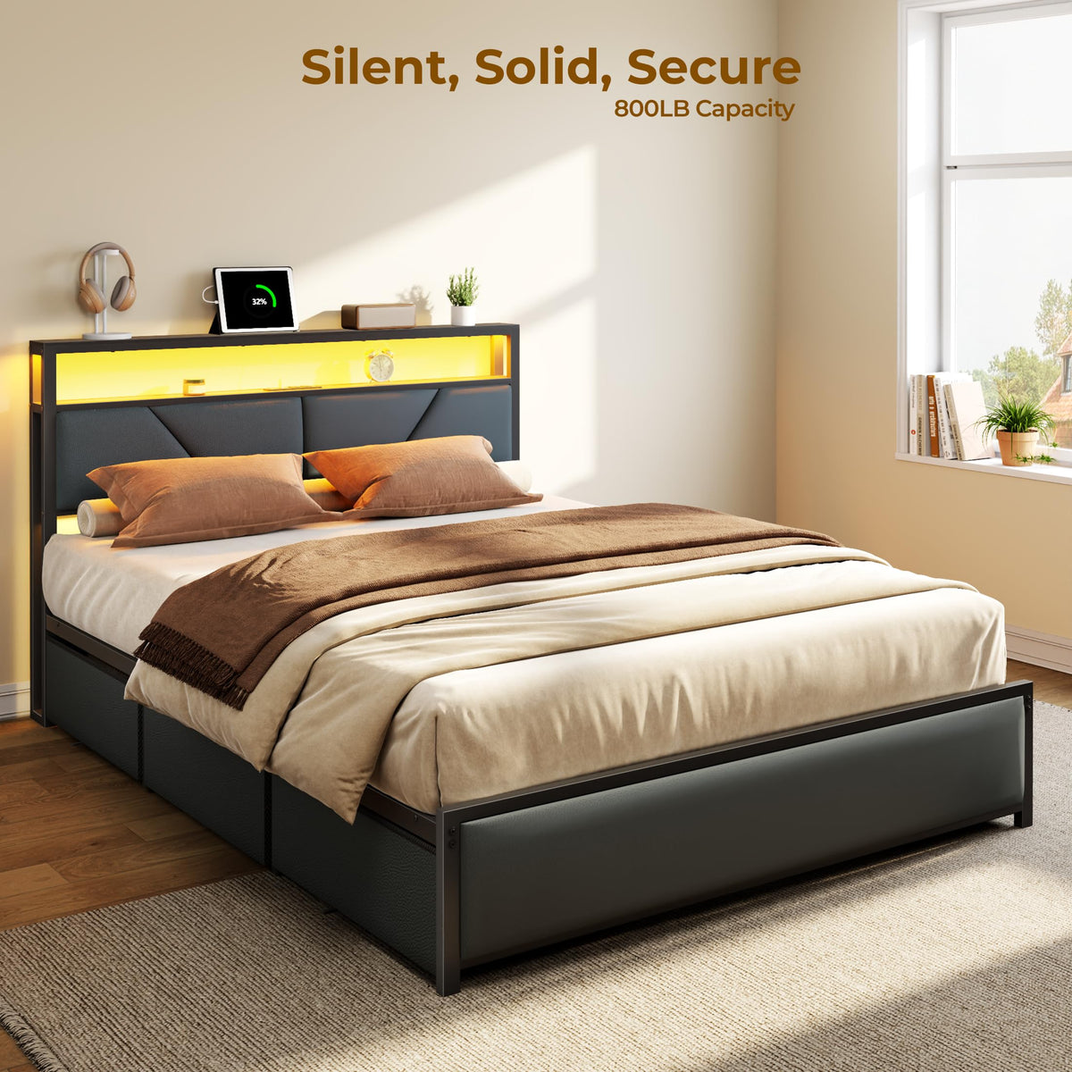 Full Size PU Leather Upholstered Platform Bed Frame with Headboard and 6 Storage Drawers K958