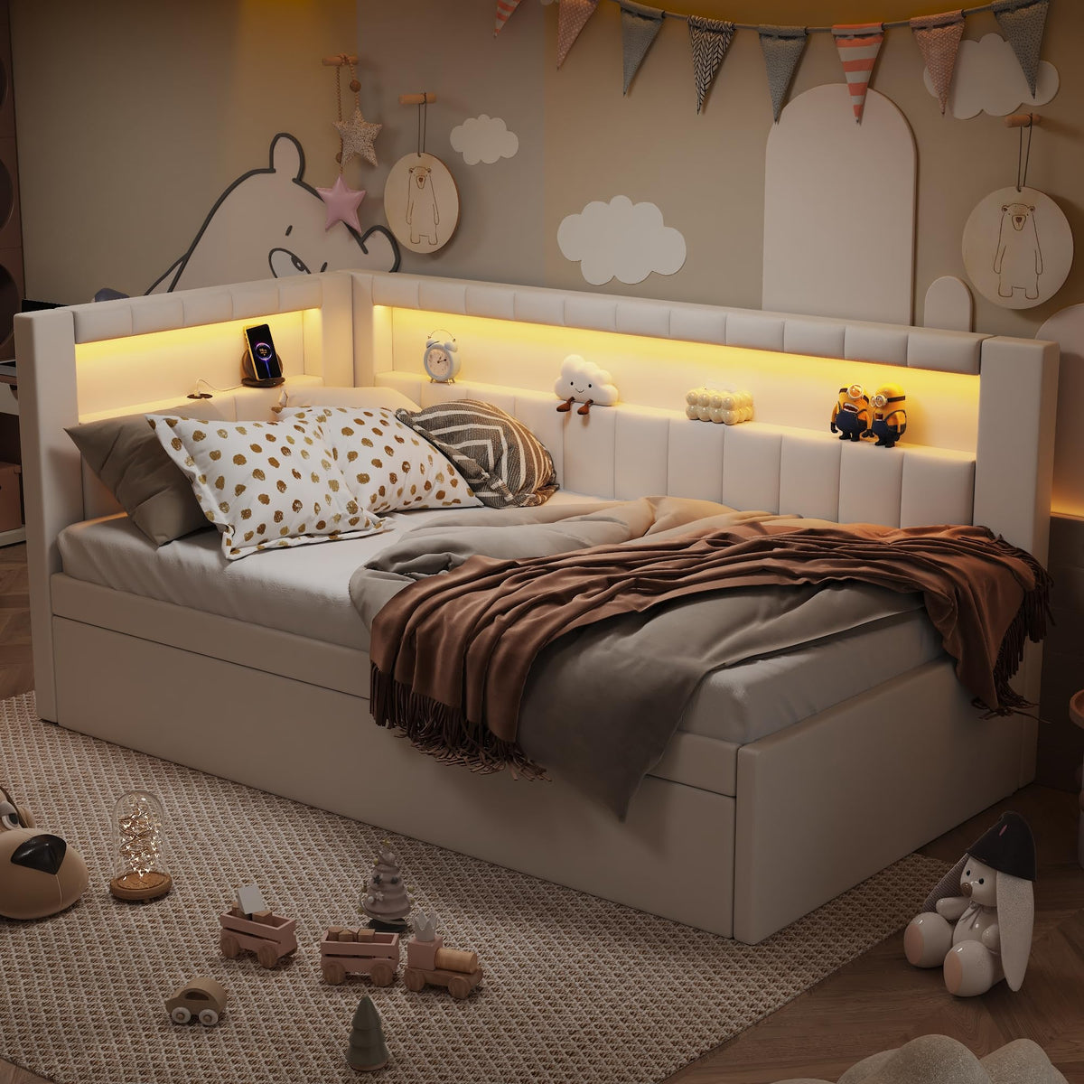 Twin Size Upholstered Daybed with Trundle and USB LED Belt R182