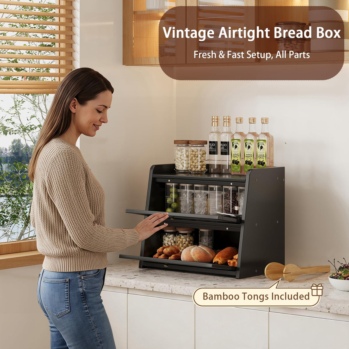 Large Bamboo Bread Box with Window L876080