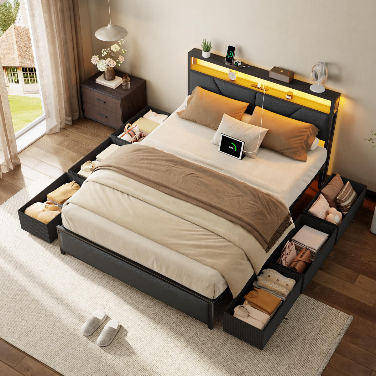 Full Size PU Leather Upholstered Platform Bed Frame with Headboard and 6 Storage Drawers K958