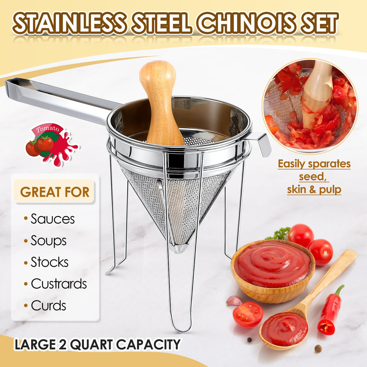 Stainless Steel Chinois Strainer with Stand and Wooden Pestle Q2250