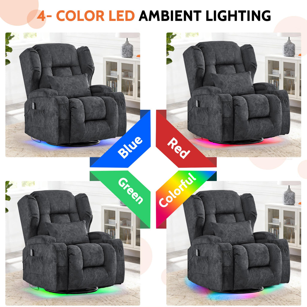 Velvet Gray Power Swivel Rocker Recliner Chair with Massage & Heat O520086