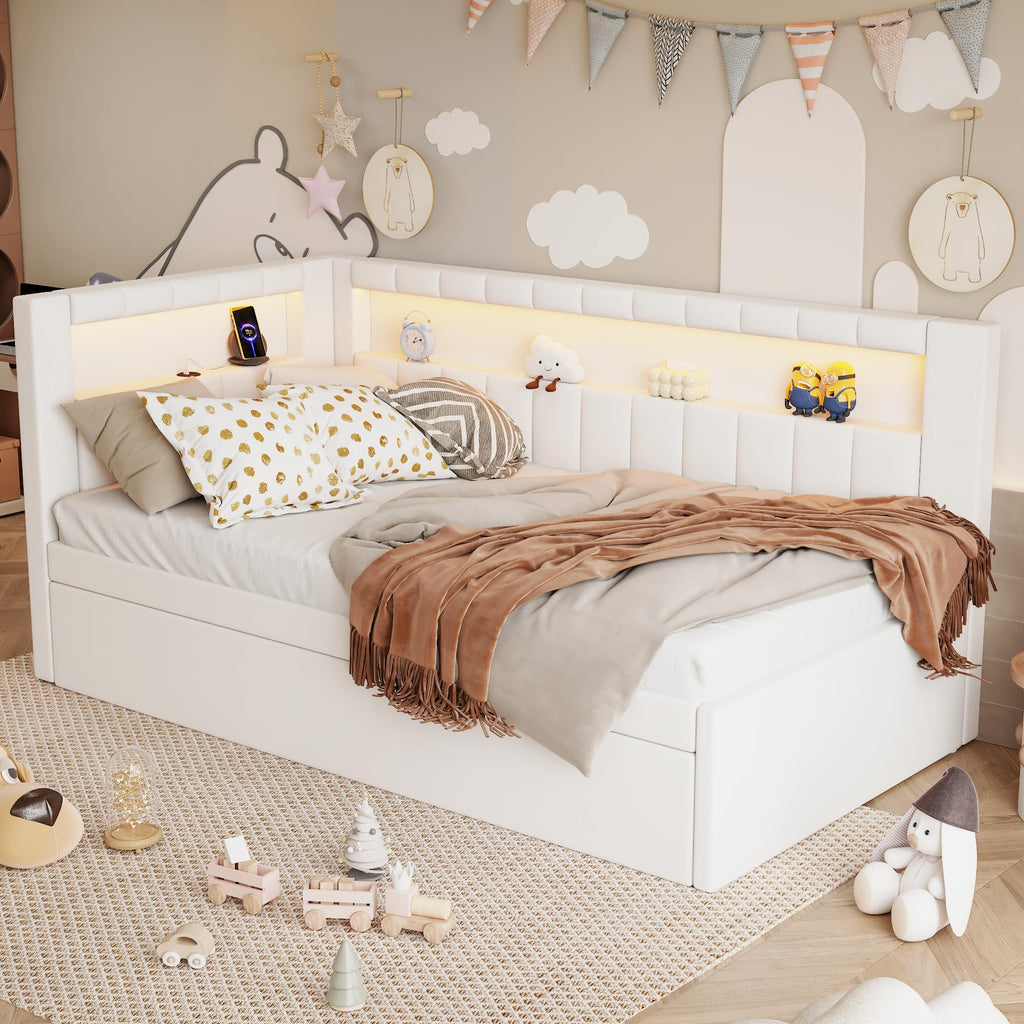 Twin Size Upholstered Daybed with Trundle and USB LED Belt R182