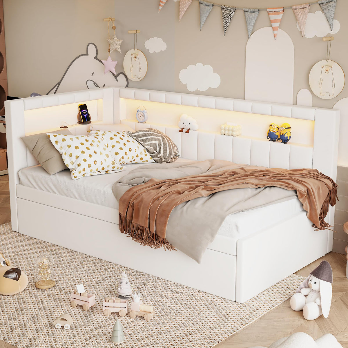 Twin Size Upholstered Daybed with Trundle and USB LED Belt R182