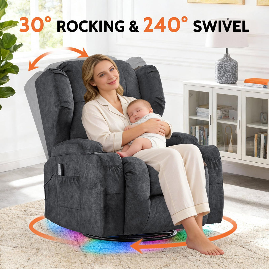 Velvet Gray Power Swivel Rocker Recliner Chair with Massage & Heat O520086
