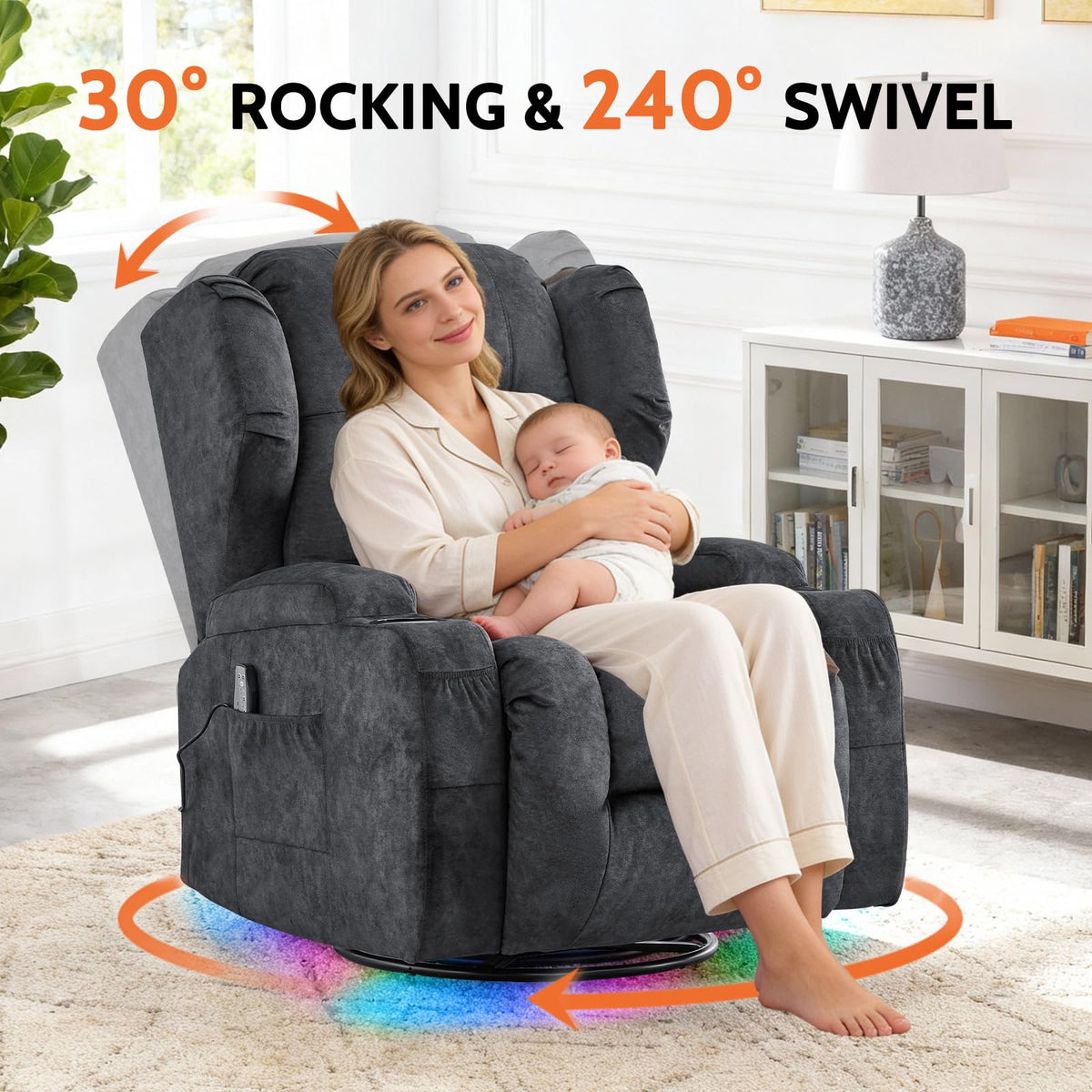 Velvet Gray Power Swivel Rocker Recliner Chair with Massage & Heat O520086