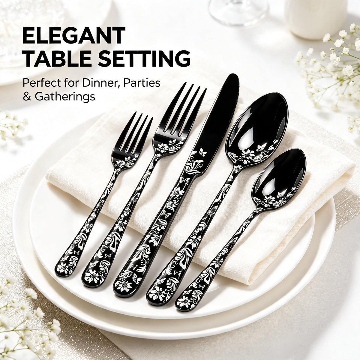 60 Piece White Floral Pattern Stainless Steel Silverware Set V167