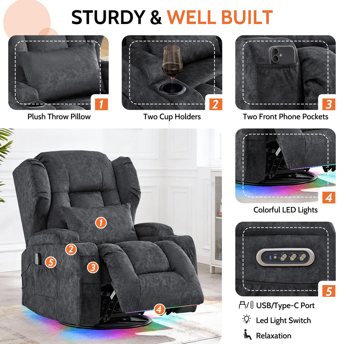 Velvet Gray Power Swivel Rocker Recliner Chair with Massage & Heat O520086