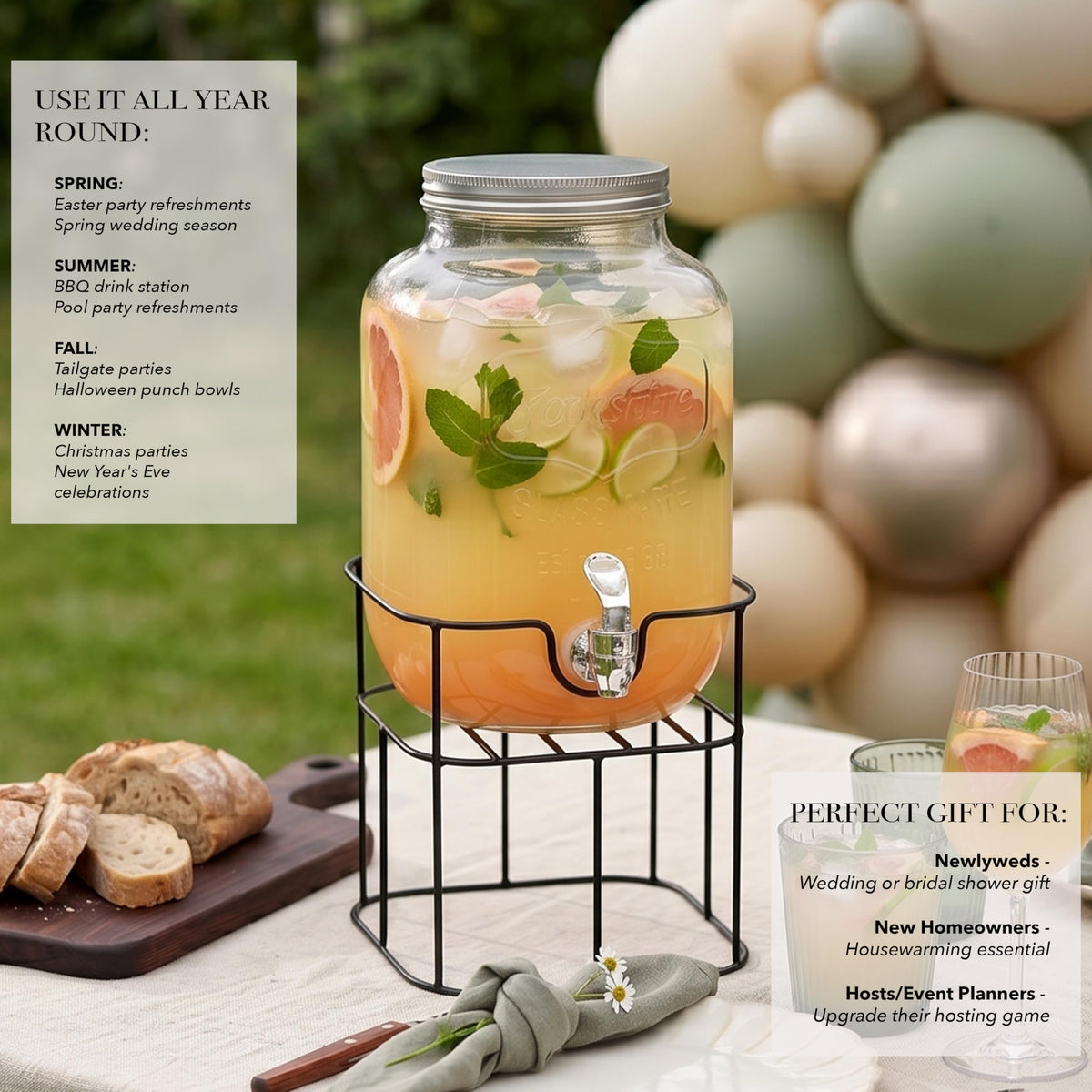 Mason Jar Glass Beverage Dispenser with Metal Stand, 1 Gal G14637