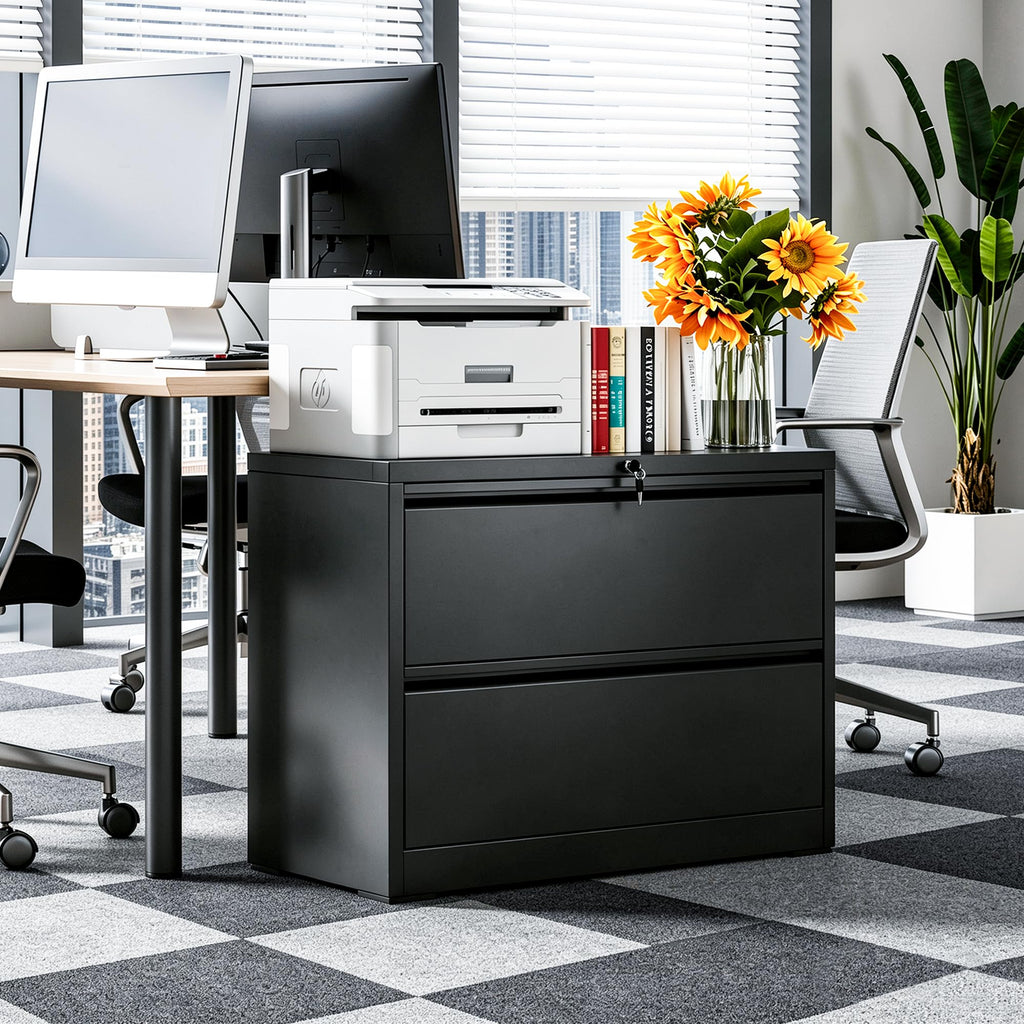 Black 2 Drawer Metal Lateral File Cabinet with Lock L4143