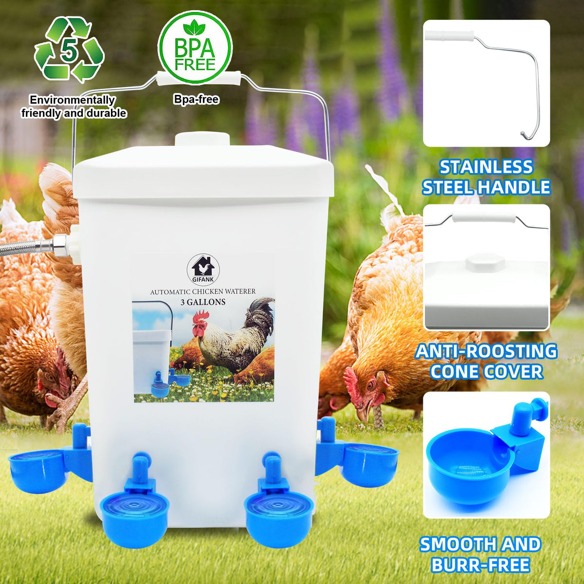 3 Gallons Automatic Poultry Waterer with Hose Attachment P450