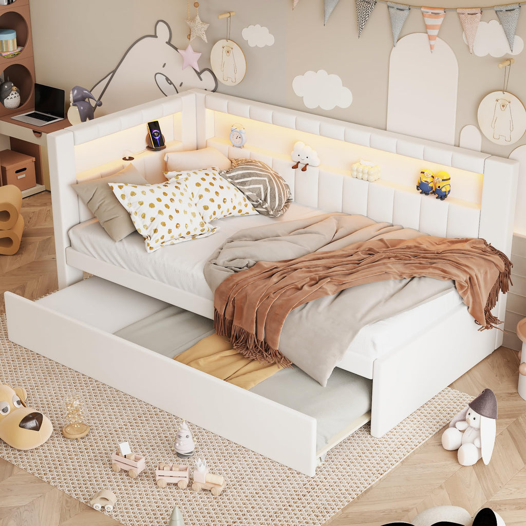Twin Size Upholstered Daybed with Trundle and USB LED Belt R182