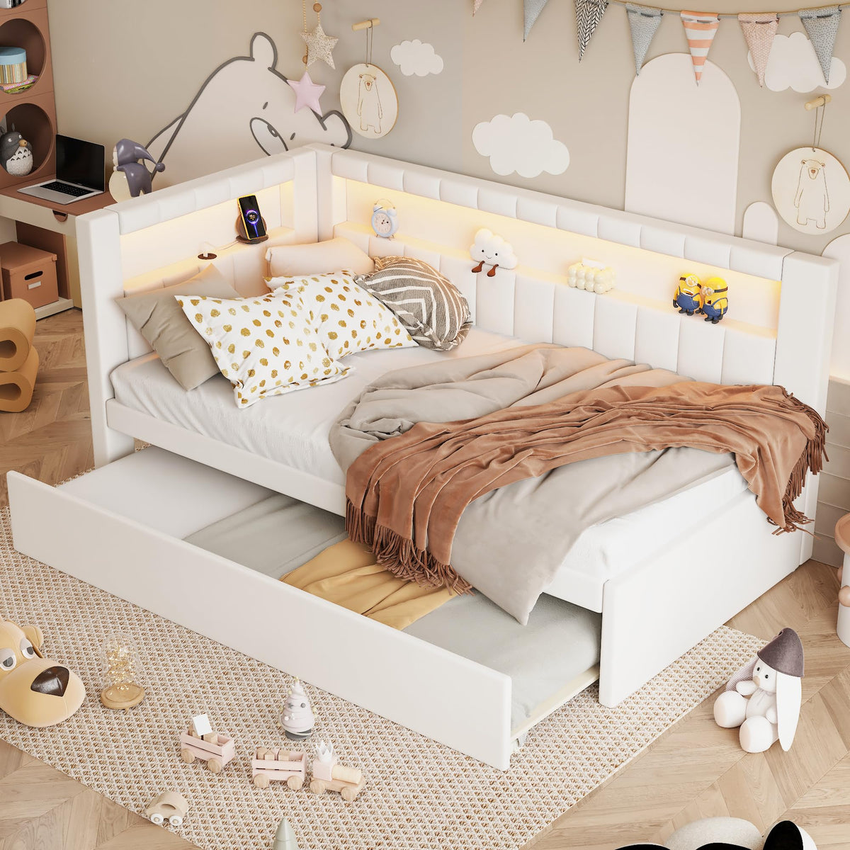 Twin Size Upholstered Daybed with Trundle and USB LED Belt R182