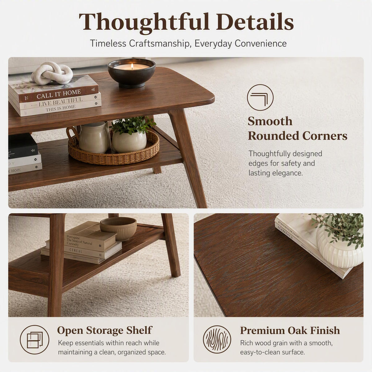 Solid Oak Coffee Table with Storage Shelf V974312