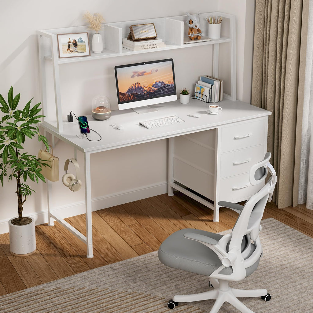 White Computer Desk with Hutch & Drawers 47 Inch L90279