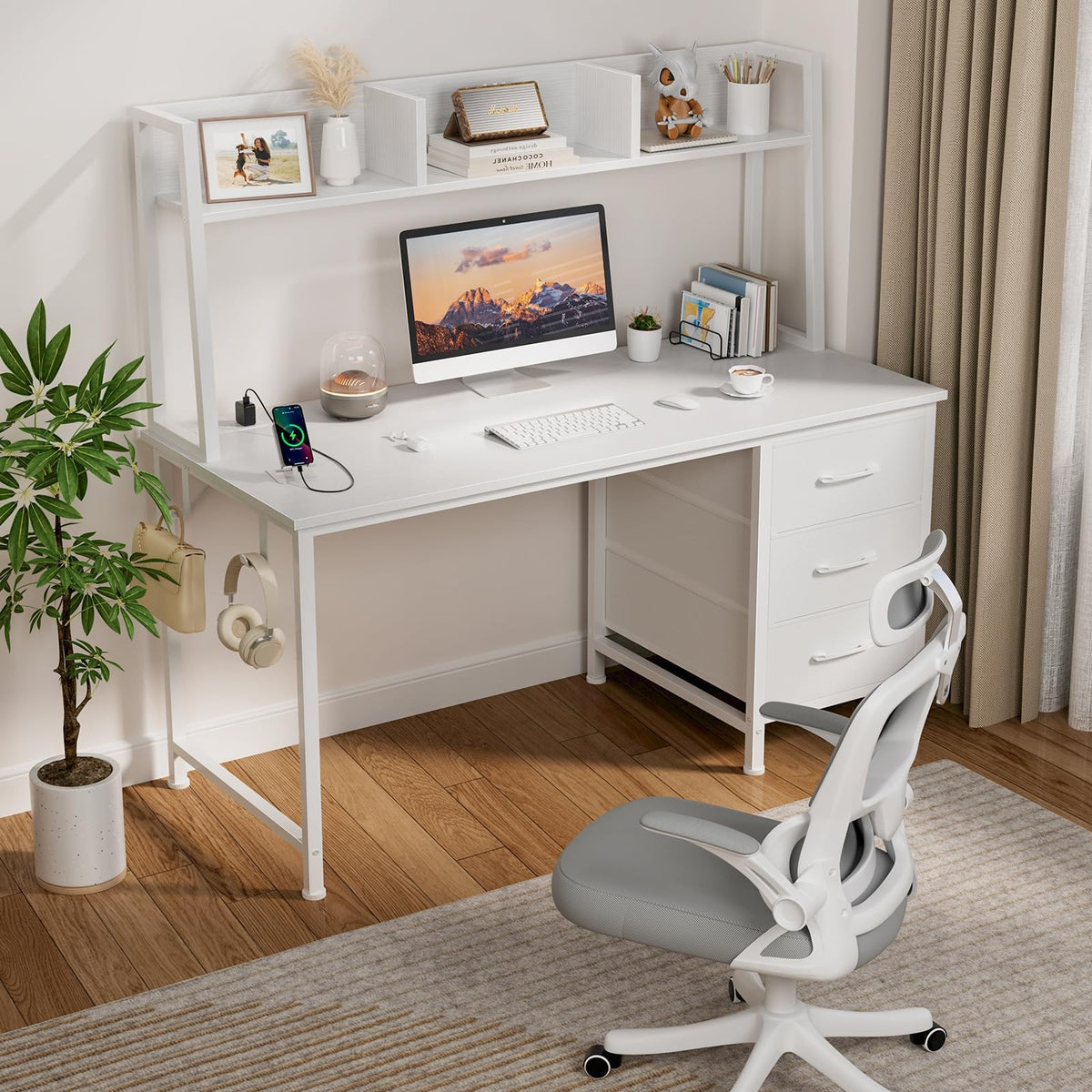 White Computer Desk with Hutch & Drawers 47 Inch L90279