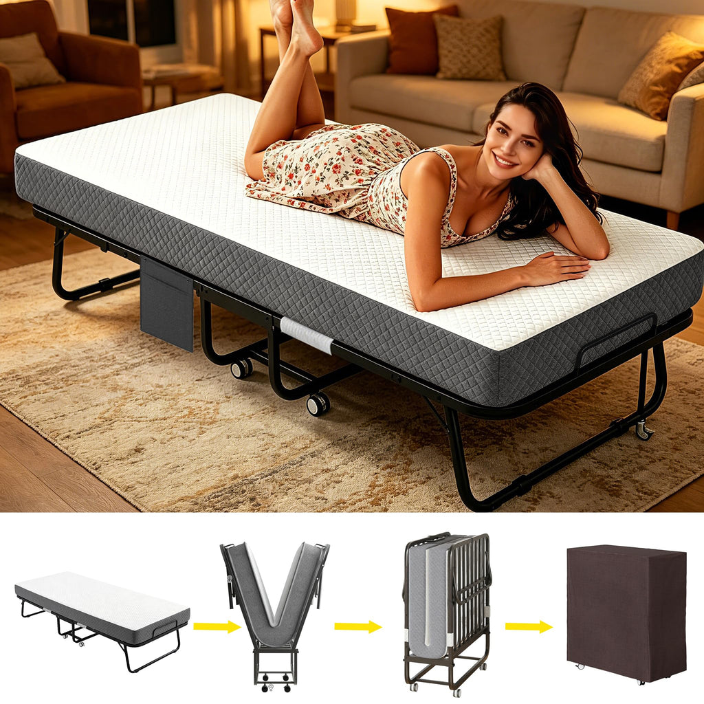 Folding Rollaway Guest Bed with 5" Memory Foam Mattress, Twin Size Y9332