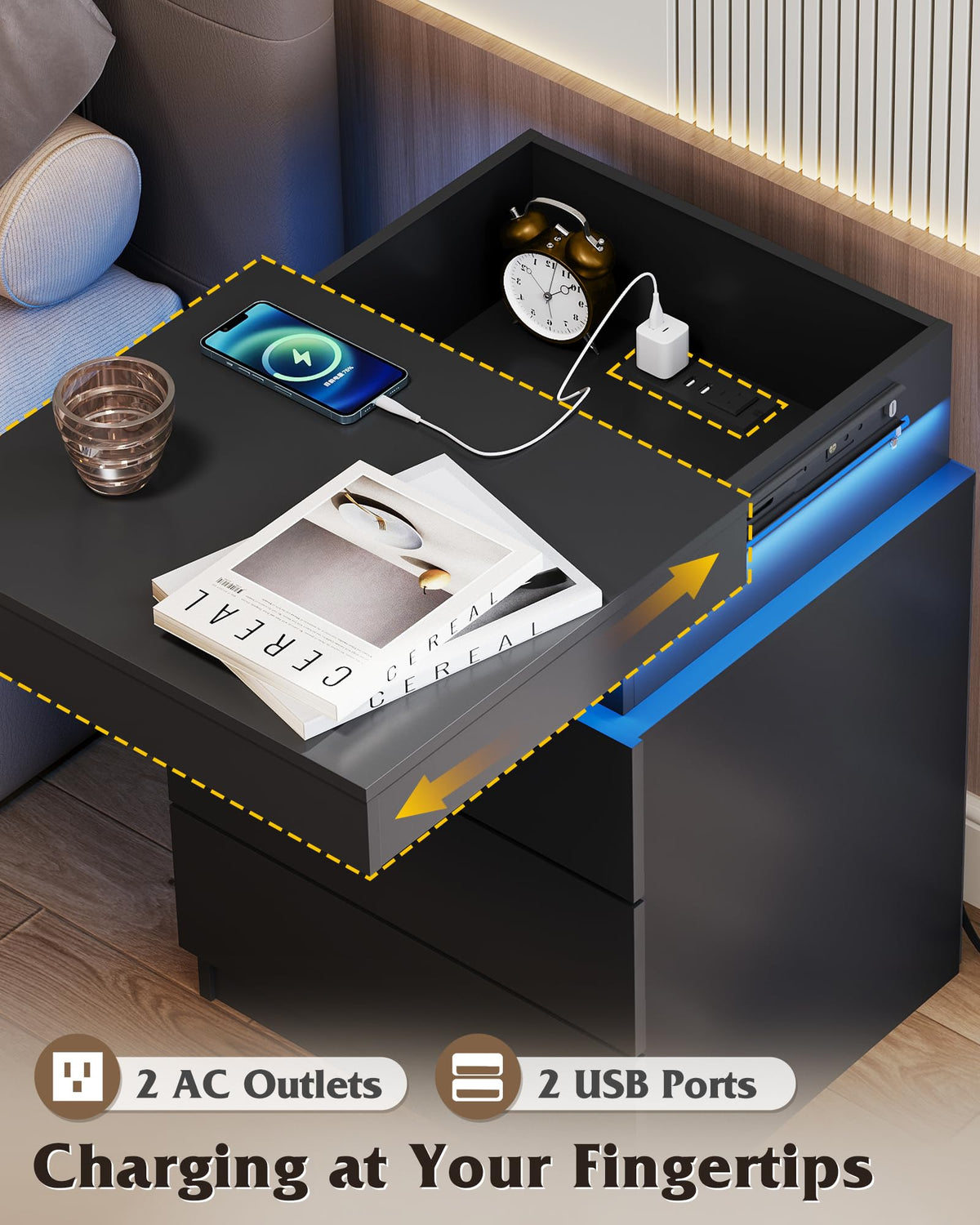 Black Nightstand with Charging Station Z8623