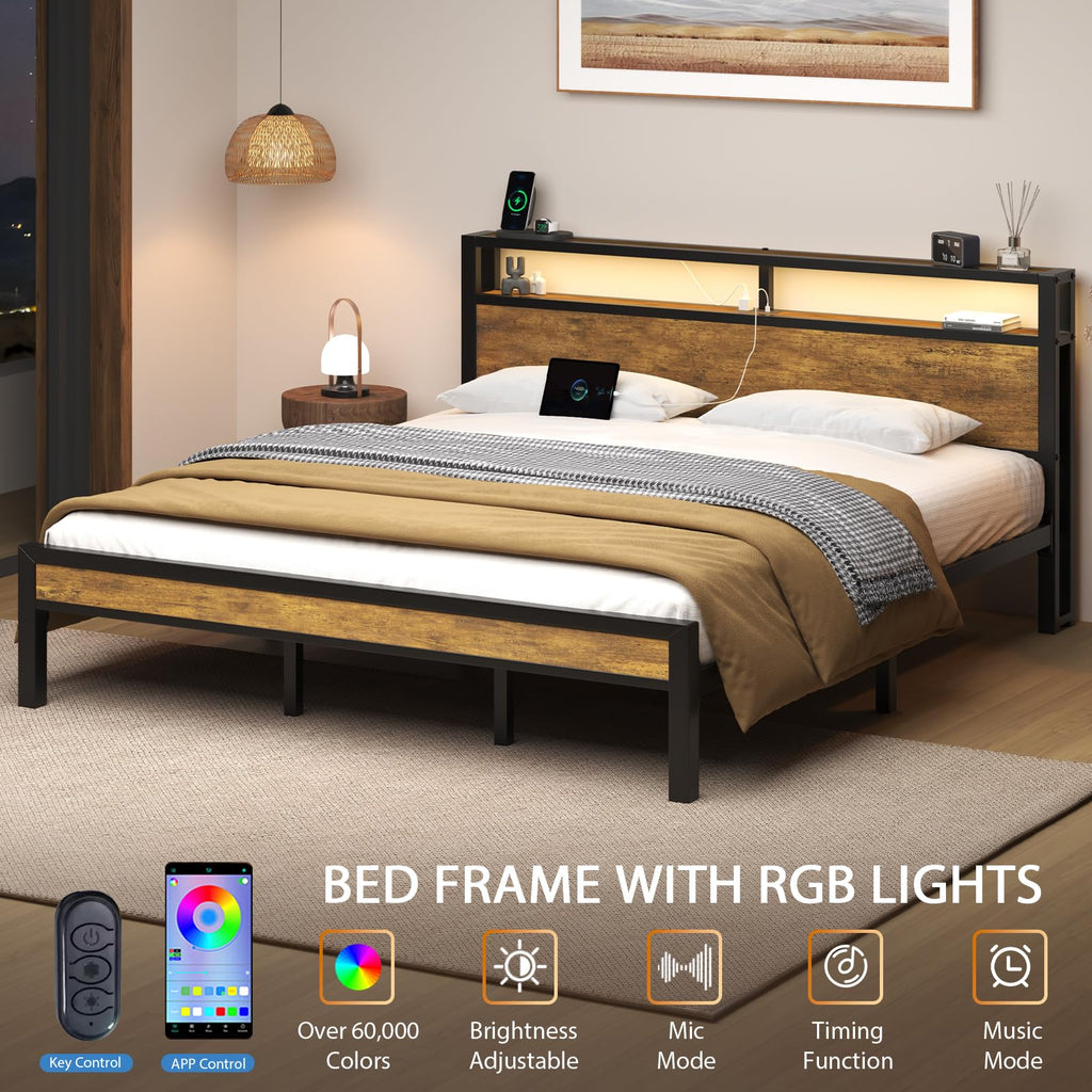 King Size Bed Frame with Storage Headboard ＆ LED Light Q832732