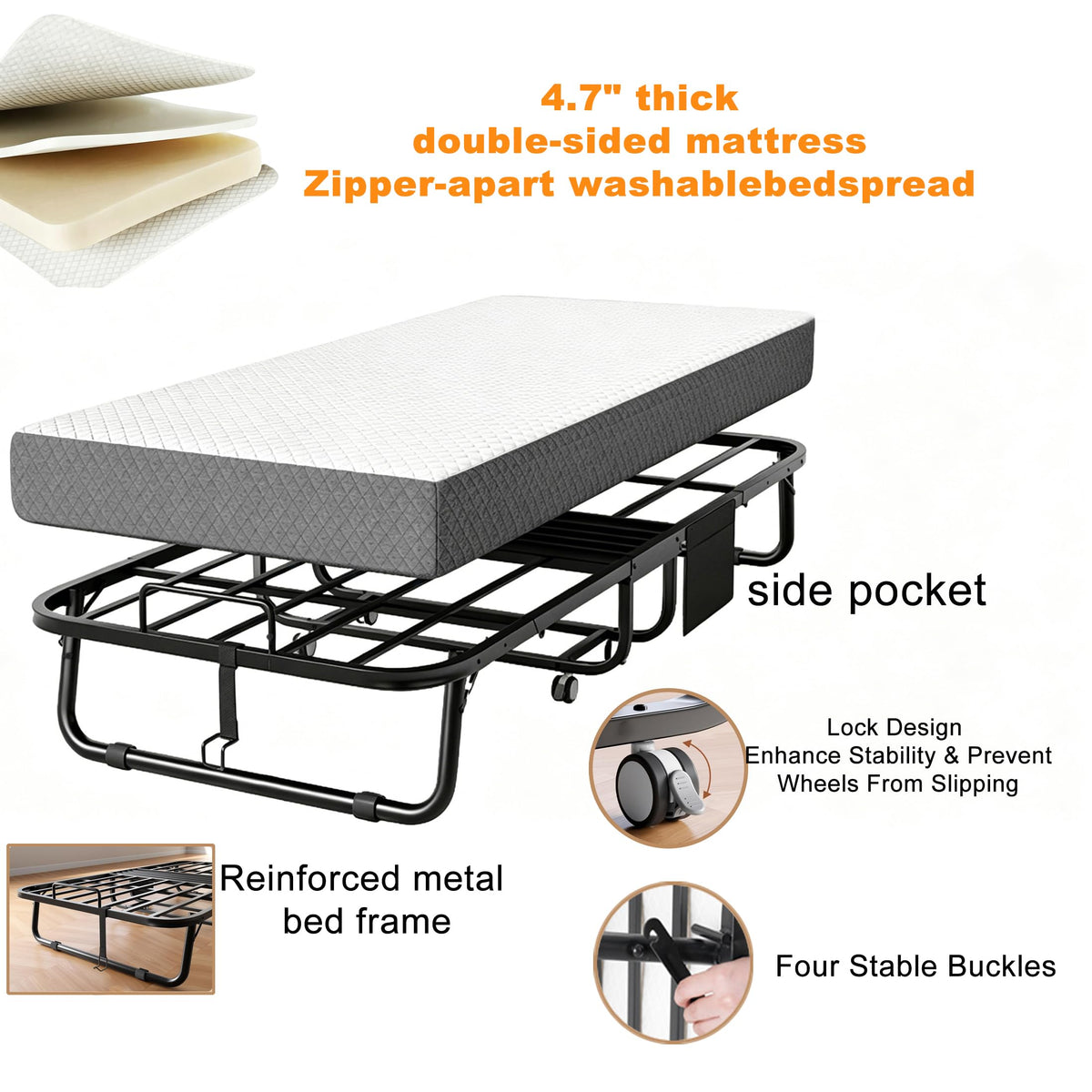 Folding Rollaway Guest Bed with 5" Memory Foam Mattress, Twin Size Y9332