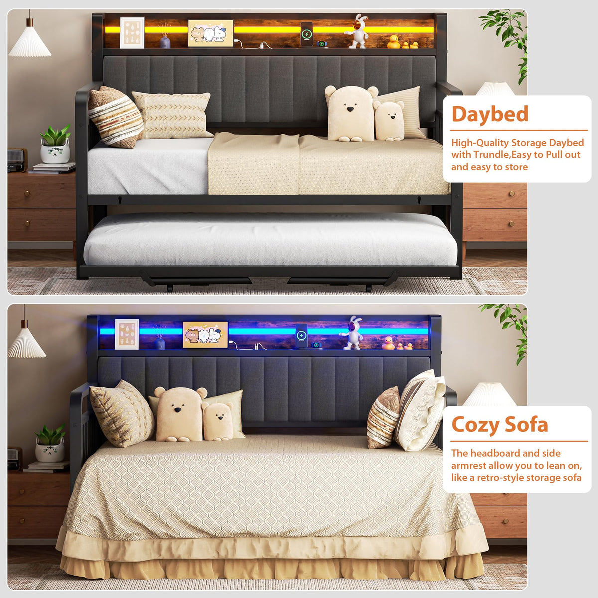 Brown Metal Daybed with Trundle and Storage Headboard H60721